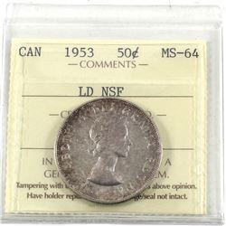 50-cent 1953 LD NSF ICCS Certified MS-64. Light toning with full underlying lustre. *rare variety t