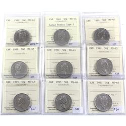 50-cent 1980, 1982 Lge Bds Type 1, 1984, 1988, 1991, 1992, 1993, 1995, and 1997. ICCS Certified MS-6