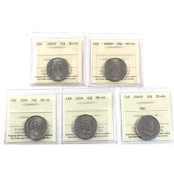 50-cent 2004P NBU, 2005P, 2006P, 2008, & 2009 ICCS Certified MS-66. 5pcs.