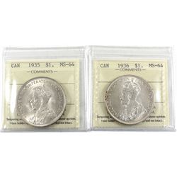 Silver $1 1935 & 1936 Both ICCS Certified MS-64! Great Mint State coins for the first 2 years of iss