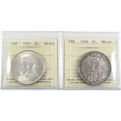 Silver $1 1935 & 1936 both ICCS Certified MS-63! Nice Brilliant Uncirculated Pair of George V Issues