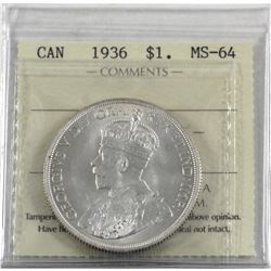 Silver $1 1936 ICCS Certified MS-64. A lustrous coin with hints of golden toning.