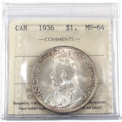 Silver $1 1936 ICCS Certified MS-64. Beautifully toned with frosted white centers.