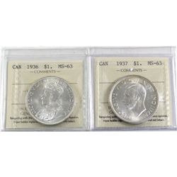 Silver $1 1936 & 1937 ICCS Certified MS-63. 2pcs