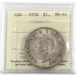 Silver $1 1938 ICCS Certified MS-64! Light even golden toning throughout coin with soft satin fields