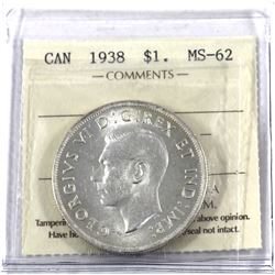 Silver $1 1938 ICCS Certified MS-62