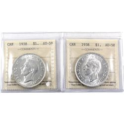 Silver $1 1938 Pair of ICCS Certified AU-58. Both coins are full white with great eye appeal. *Semi