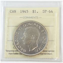 Silver $1 1945 ICCS Certified SP-64. Coin has a soft satin finish with subtle hints of golden toning