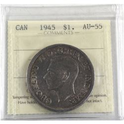 Silver $1 1945 ICCS Certified AU-55. *Key Date* Medium Toned coin.