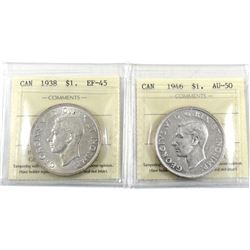Silver $1 1946 AU-50 & 1938 EF-45, both ICCS Certified. A great pair of Semi Key Date issues!