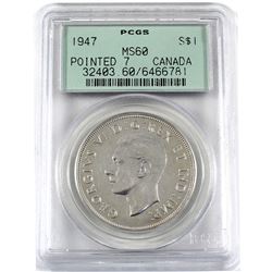 Silver $1 1947 Pointed 7 Double HP PCGS Certified MS-60. A bright flashy coin with better eye appeal