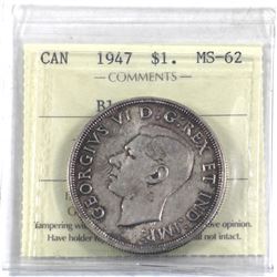 Silver $1 1947 Blunt 7 ICCS Certified MS-62. Attractive light purple tones throughout.