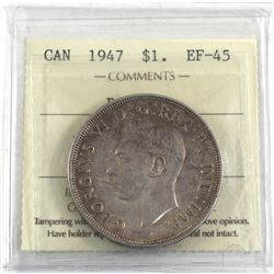 Silver $1 1947 Blunt 7 ICCS Certified EF-45. A fully toned coin with hues of rose.