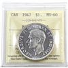 Image 1 : Silver $1 1947 Blunt 7, 7/7 ICCS Certified MS-60. Bright coin great details for the grade level.
