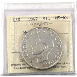 Silver $1 1947 Maple Leaf ICCS Certified MS-63!