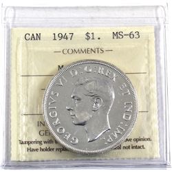 Silver $1 1947 Maple Leaf ICCS Certified MS-63. A nice mint state example of this Key Date coin.