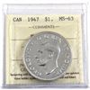 Image 1 : Silver $1 1947 Maple Leaf ICCS Certified MS-63. A nice mint state example of this Key Date coin.