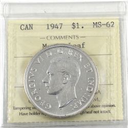 Silver $1 1947 Maple Leaf ICCS Certified MS-62. With only 10% higher mintage to the 1948, the Maple