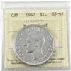 Image 1 : Silver $1 1947 Maple Leaf ICCS Certified MS-62. With only 10% higher mintage to the 1948, the Maple