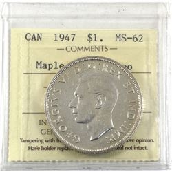 Silver $1 1947 Maple Leaf ICCS Certified MS-62 Cameo!