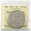 Image 1 : Silver $1 1947 Maple Leaf ICCS Certified MS-62 Cameo!