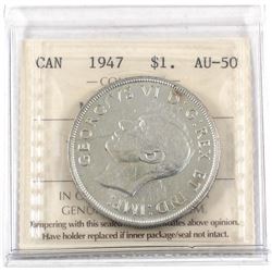 Silver $1 1947 Maple Leaf ICCS Certified AU-50. Full white Key Date coin!