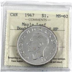 Silver $1 1947 Maple Leaf Double Punch HP ICCS Certified MS-62