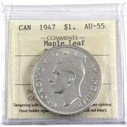 Silver $1 1947 Maple Leaf Double HP ICCS Certified AU-55