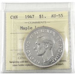 Silver $1 1947 Maple Leaf Double HP ICCS Certified AU-55. Bright flashy coin, a great investment coi