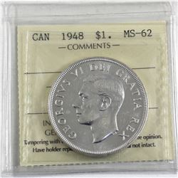 Silver $1 1948 ICCS Certified MS-62! A blast white Key Date coin with a hint of Cameo that adds to t