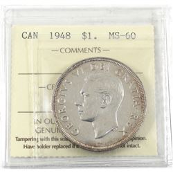 Silver $1 1948 ICCS Certified MS-60! *Key Date* Bright Lustrous coin with soft hints of Golden tones