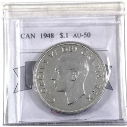 Silver $1 1948 CMG Certified AU-50. A bright Key Date coin!