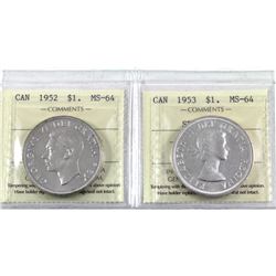 Silver $1 1952 WL & 1953 SF, Cameo both ICCS Certified MS-64. Last Year George VI, first year Elizab