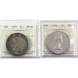 Silver $1 1953 NSF; SWL & 1953 NSF, Cameo ICCS Certified MS-64. Note there is a split on the holder