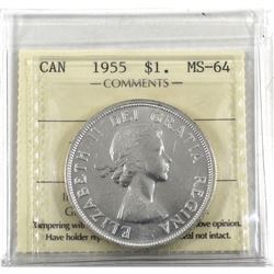 Silver $1 1955 ICCS Certified MS-64! Small die crack from the "G to the R" in GRATIA.