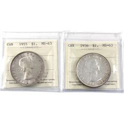 Silver $1 1955 & 1956 ICCS Certified MS-63. Pair contains consistent toning on the obverse and rever