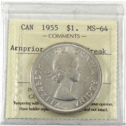 Silver $1 1955 Arnprior With Die Breaks ICCS Certified MS-64! Bright radiant coin with great eye app
