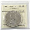 Image 1 : Silver $1 1955 Arnprior with Die Break ICCS Certified MS-62