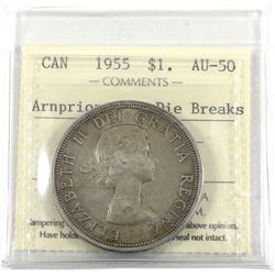 Silver $1 1955 Arnprior with Die Breaks ICCS Certified AU-50.