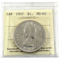 Silver $1 1957 ICCS Certified MS-65! *LOW POP* Bright white coin with choice fields.