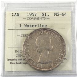 Silver $1 1957 1 waterline ICCS Certified MS-64.