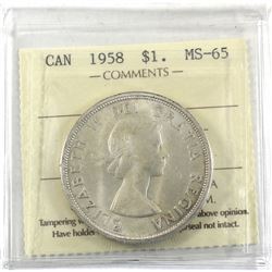 Silver $1 1958 ICCS Certified MS-65. Smooth fields with light toning throughout.