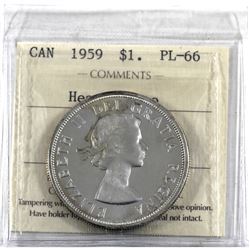 Silver $1 1959 ICCS Certified PL-66 Heavy Cameo. A bright coin with hints of toning.