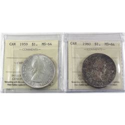 Silver $1 1959 & 1960 ICCS Certified MS-64. 2pcs