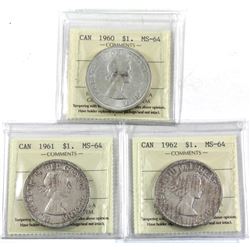 Silver $1 1960, 1961, & 1962 all ICCS Certified MS-64 (lightly toned). 3pcs