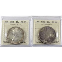 Silver $1 1961 & 1962 ICCS Certified MS-64. 2pcs