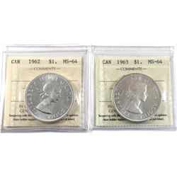 Silver $1 1962 & 1963 Cameo ICCS Certified MS-64. 2pcs