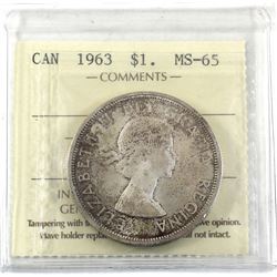 Silver $1 1963 ICCS Certified MS-65. Light Golden tones over lustrous fields.