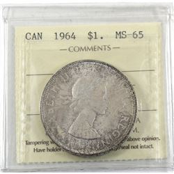 Silver $1 1964 ICCS Certified MS-65. Lightly toned over frosted white fields.