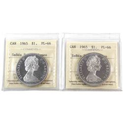 Silver $1 1965 SmBds Blunt 5 & 1965 SmBds Ptd 5 ICCS Certified PL-66 Cameo. 2pcs. Blast white coins!